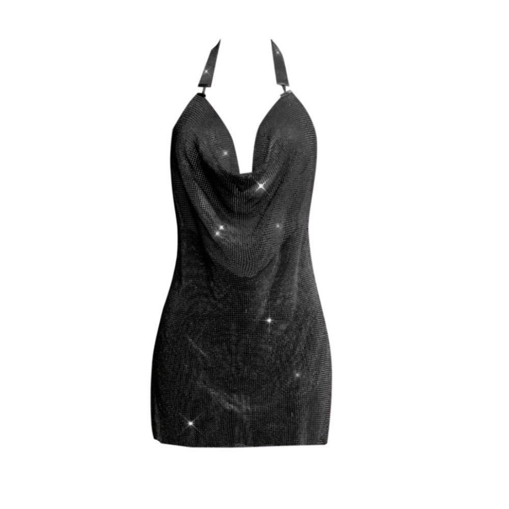 ESSENCE DIAMANTE CRYSTAL HALTER MINI DRESS - BLACK